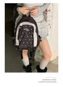 Korean style casual backpack with blue heart pattern for school, travel and daily use.