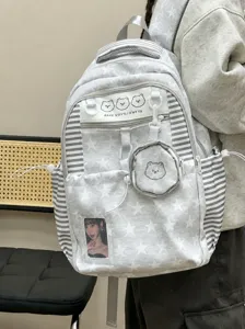 Korean style grey star print school backpack, large capacity lightweight bookbag for girls.