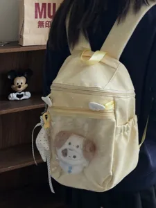 Cute yellow polka dot backpack with clear front pocket, sweet style daily student school bag.