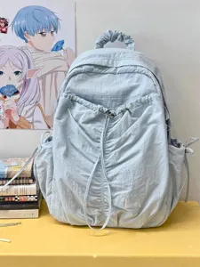 Korean style light blue pleated backpack large capacity casual school book bag daily travel