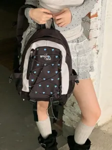 Stylish Korean style contrast color backpack with blue hearts, large student school bag.