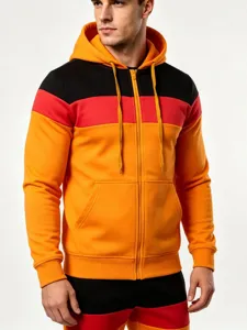 Men's Casual Color Block Patchwork Zip Up Hoodie Tracksuit Fleece Warm Hooded Sportswear Top And Bottom Sport Casual Tracksuit