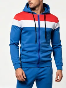 Men's casual color-block zip-up hoodie and pants set for autumn winter activewear.