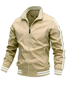 Men's casual stand collar zip-up jacket details, khaki coat with white stripe accents.