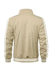 Back view of men's beige track jacket with white stripes, casual zip-up stand collar coat.