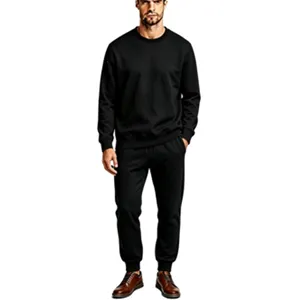Men's Solid Black Fleece Tracksuit Crewneck Sweatshirt and Sweatpants Set Detail View