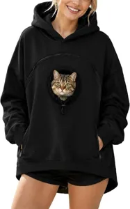 Detail view of the black women hoodie featuring a functional front pet pouch for carrying cats.