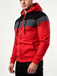 Men color block zip up hoodie casual hooded sweatshirt with front pockets for autumn winter daily wear.
