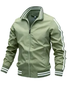 Green men's casual jacket detail, stand-up collar with white stripes, zipper front