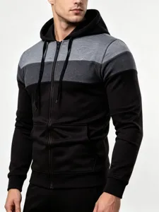 Men's colorblock zip-up hoodie casual autumn winter fleece warm hooded sweatshirt jacket