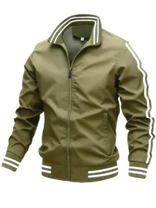Men's olive green sports jacket detail showing double white stripes, stand collar, and zipper.