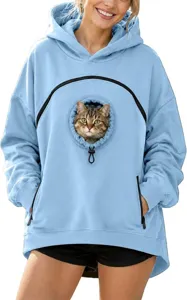 Women light blue pet pouch hoodie casual long sleeve cat carrier sweatshirt with zip pocket