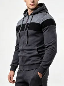 Men's colorblock zip-up hoodie casual activewear jacket with adjustable drawstring hood.