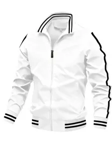 Men's white track jacket with black stripes, stand collar, and full zip front closure.