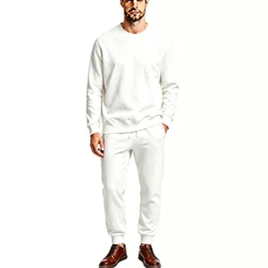 Detail view of men casual white fleece tracksuit crewneck sweatshirt and sweatpants outfit.