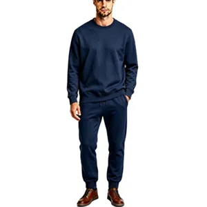 Close-up details of the dark blue fleece crewneck sweatshirt and matching sweatpants set.
