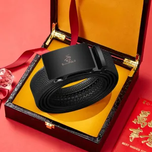 Herren Automatik Schnalle Ledergürtel Business Freizeit schwarzer Taillengürtel in Geschenkbox