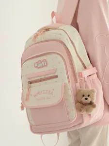 Zaino rosa in stile giapponese con motivo a stelle e simpatico ciondolo orsetto per ragazze.