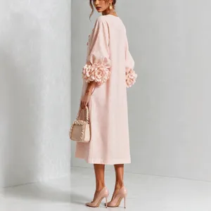 French Vintage 3D Flower Lantern Sleeve Ramie Polyester Midi Dress Women Loose Fit Solid Color Elegant Long Sleeve Dress