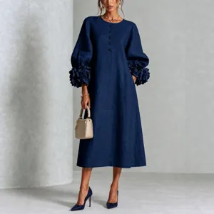 Elegant French 3D floral lantern sleeve linen midi dress for women stylish casual wear