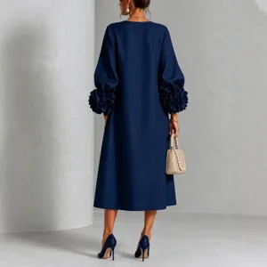 French 3D floral lantern sleeve linen midi dress back detail showcasing elegant dark blue style.