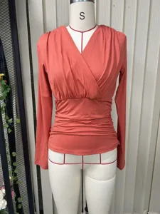 Women French Crossover V-Neck Long Sleeve Ruched Slim Fit Casual Top Elegant Chic New