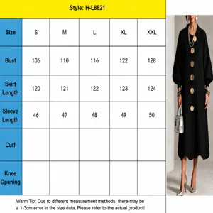 Detailed size chart and knit dress view showing bust, length, and sleeve measurements clearly.