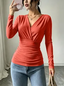 French Style V-Neck Ruched Long Sleeve Slim Fit T-Shirt Women Casual Elegant Autumn Top