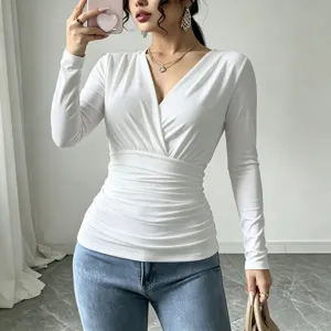 Stylish women white V-neck ruched long sleeve t-shirt, slim fit casual top for autumn.