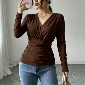 Women French Cross V-Neck Ruched Waist Long Sleeve Slim Fit Brown Top Casual Wear