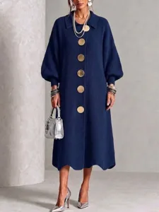 Women long navy blue knit dress large gold buttons lantern sleeves elegant daily wear
