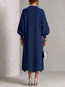 Detail view of solid dark blue ribbed knit maxi dress back design, elegant autumn long sleeve apparel.