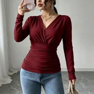Burgundy wrap V-neck long sleeve ruched slim fit casual top for women fall winter