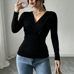 French wrap V-neck ruched slim long sleeve black T-shirt detail view showing fabric style.