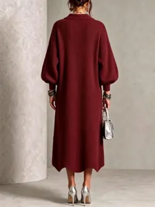 Detailed back view of women's long wine red knitted dress featuring chic balloon sleeves.
