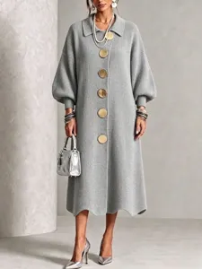 Fall winter solid color long knit dress featuring prominent metal buttons and chic lapel collar style.