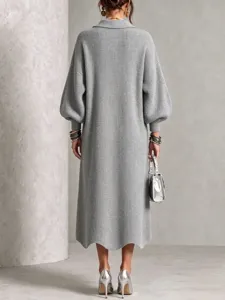 Back view of a casual grey knit long dress with lapel and long sleeves for women.