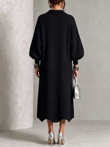 Back view of a long black knit sweater dress for women, ideal for casual autumn and winter wear.