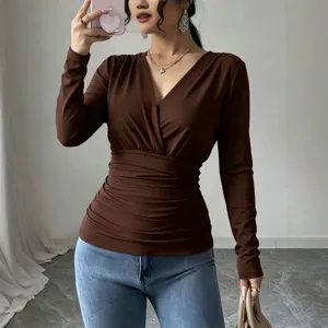 Women's Brown V-Neck Crossover Draped Slim Long Sleeve T-Shirt Casual Fall Top Main View