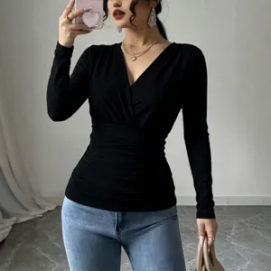 Women's French crossover V-neck ruched slim fit long sleeve black top for autumn winter