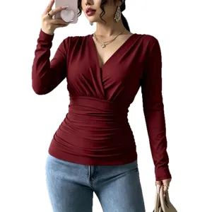 French crossover V-neck ruched cinched-waist long-sleeve T-shirt slim fit autumn top