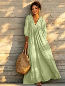 Light green V-neck long sleeve maxi dress, boho style smock dress with pleated details.