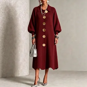 Women's Long Sleeve Knit Dress Fall Winter Casual Elegant Metal Buttons Maxi Dress
