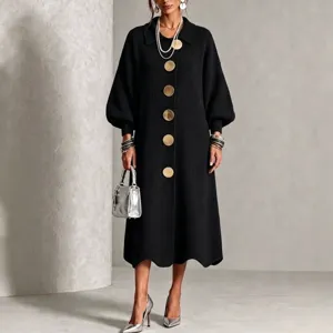 Women long black knit dress autumn winter casual fashion oversized metallic gold buttons outfit