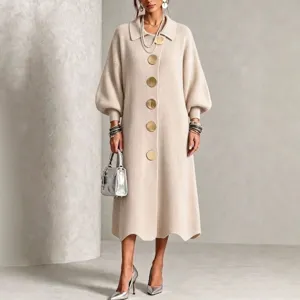 Women's knit dress with metallic buttons casual autumn winter fashion long sleeve elegant