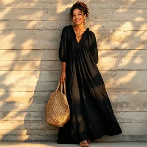 Bohemian V-neck lantern sleeve black maxi dress, elegant resort style long beach cover-up dress.