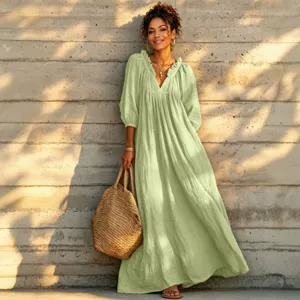 Bohemian V-neck lantern sleeve maxi dress, casual long beach resort cover-up dress for women.