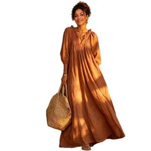 Bohemian V-neck lantern sleeve long maxi dress for women vacation beach wear brown dress
