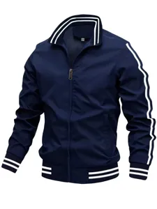 Men's blue casual sports jacket with double white stripes stand collar zip up coat