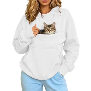 Witte gevoerde huisdier hoodie met grote kangoeroezak en schattige kattenprint ontwerpen.